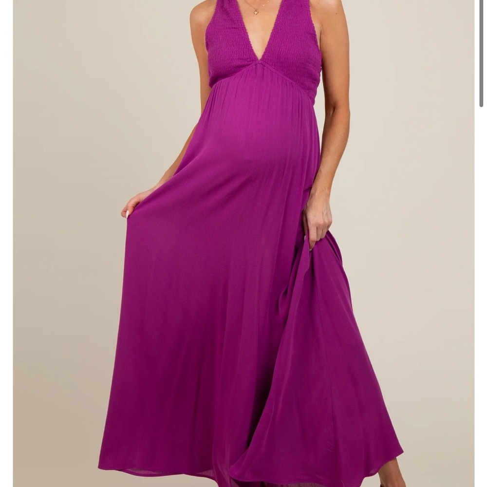 Pinkblush Pink Sleeveless Deep V Halter Maxi Dress - Maternity
